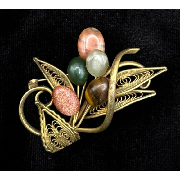 Vintage 1960's Semiprecious Stones Goldtone Filigree Floral Spray Brooch - Picture 1 of 5